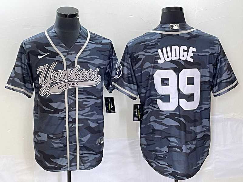 Mens New York Yankees #99 Aaron Judge Grey Camo Cool Base With Patch Stitched Baseball Jersey
